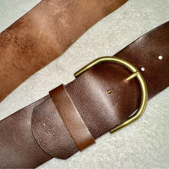 SOLD - Vintage Banana Republic Wide Brown Leather Belt Solid Brass Buckle - Picture 2 of 9